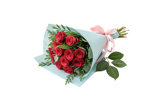A bouquet of red roses wrapped in light blue paper, accented with greenery, tied with a pastel pink ribbon, exuding elegance and romance. Isolated on a transparent background