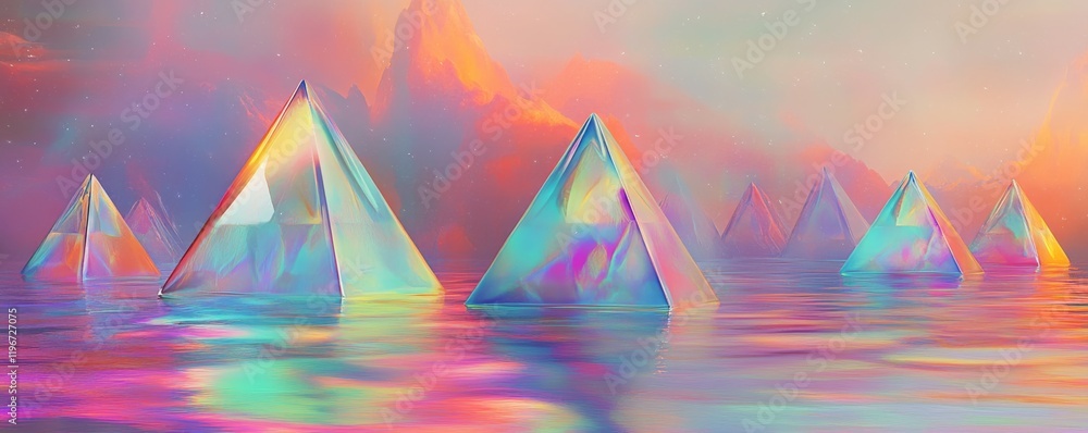 Poster a vibrant, colorful space filled with floating, iridescent pyramids in an abstract 3d render.