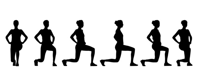 Vector concept conceptual black silhouette of a woman doing fitness exercises from different perspectives isolated on white background. A metaphor for active, health, self-care, wellness and lifestyle