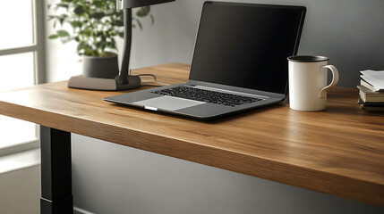 Minimalist home office setup with a sleek laptop and coffee cup on a wooden desk