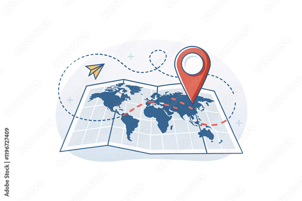 Poster a detailed world map with a red location pin and dashed travel paths, symbolizing global navigation 