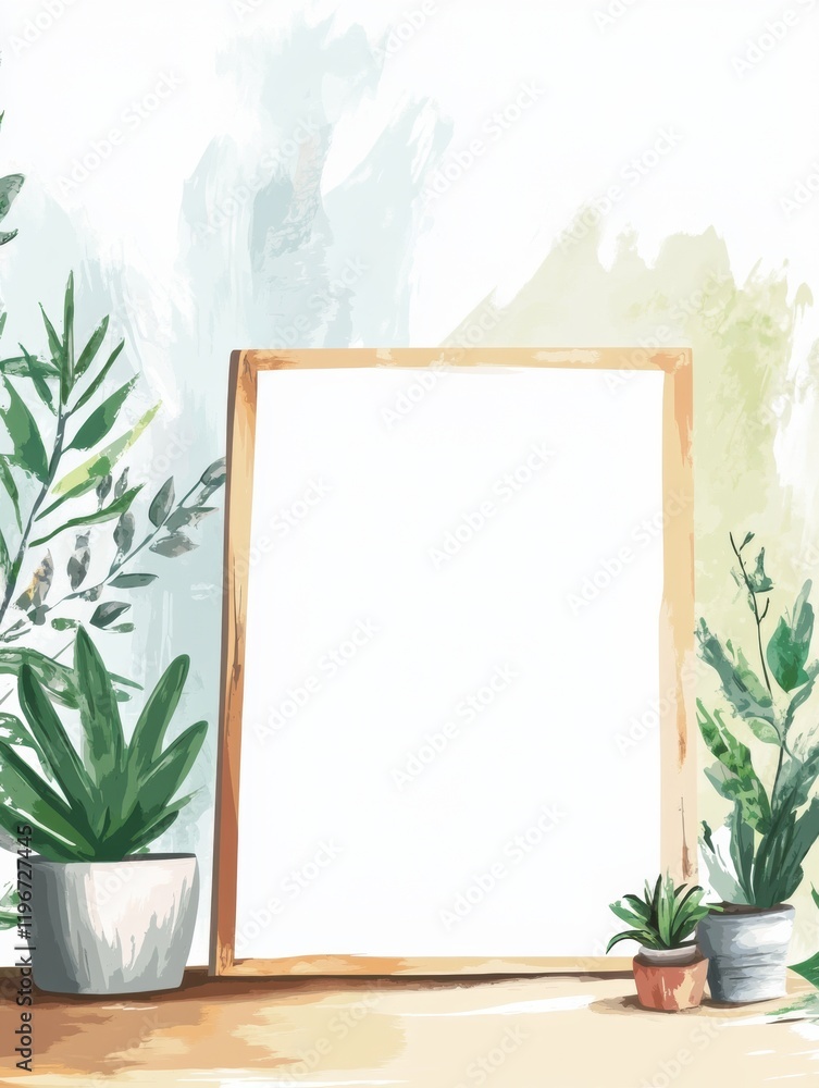 Fototapete blank frame surrounded by lush plants creating a serene and inviting interior space for text or artw