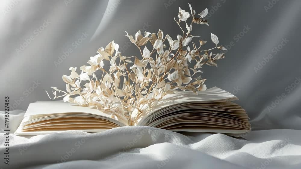 Aufkleber open book with delicate dried flowers on soft fabric backdrop creating a serene and artistic composi
