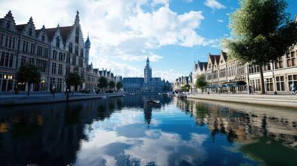 Fototapeta premium Scenic view of a canal with historic buildings and blue sky.