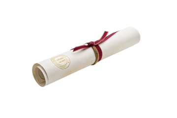A diploma roll tied with a burgundy ribbon and gold-threaded trim, featuring subtle embossing and an air of timeless academic distinction, isolated on a transparent background
