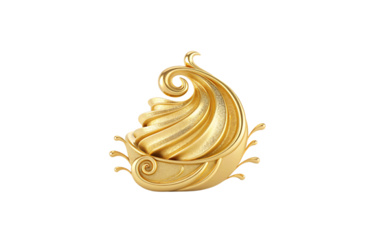 A dynamic golden spiral structure with glittering accents, resembling swirling water or energy waves, exuding luxury, creativity, and fluidity in design, isolated on a transparent background