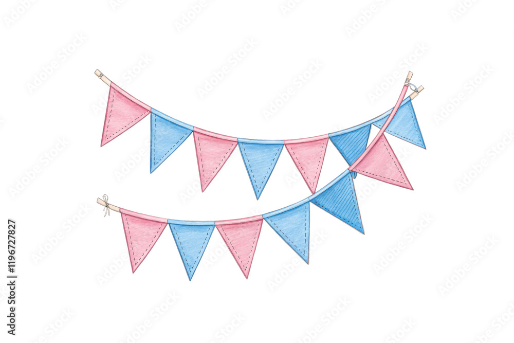 Aufkleber a festive string of triangular bunting flags in alternating pink and blue colors, hung in two curved