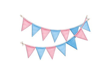 Fototapeta premium A festive string of triangular bunting flags in alternating pink and blue colors, hung in two curved rows, conveying celebration and joy, isolated on a transparent background