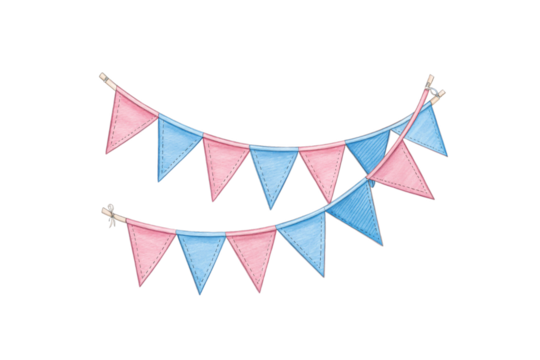A festive string of triangular bunting flags in alternating pink and blue colors, hung in two curved rows, conveying celebration and joy, isolated on a transparent background