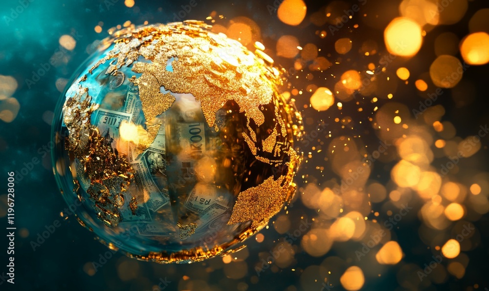 Poster abstract globe with gold continents and currency ocean, symbolizing wealth and global connection
