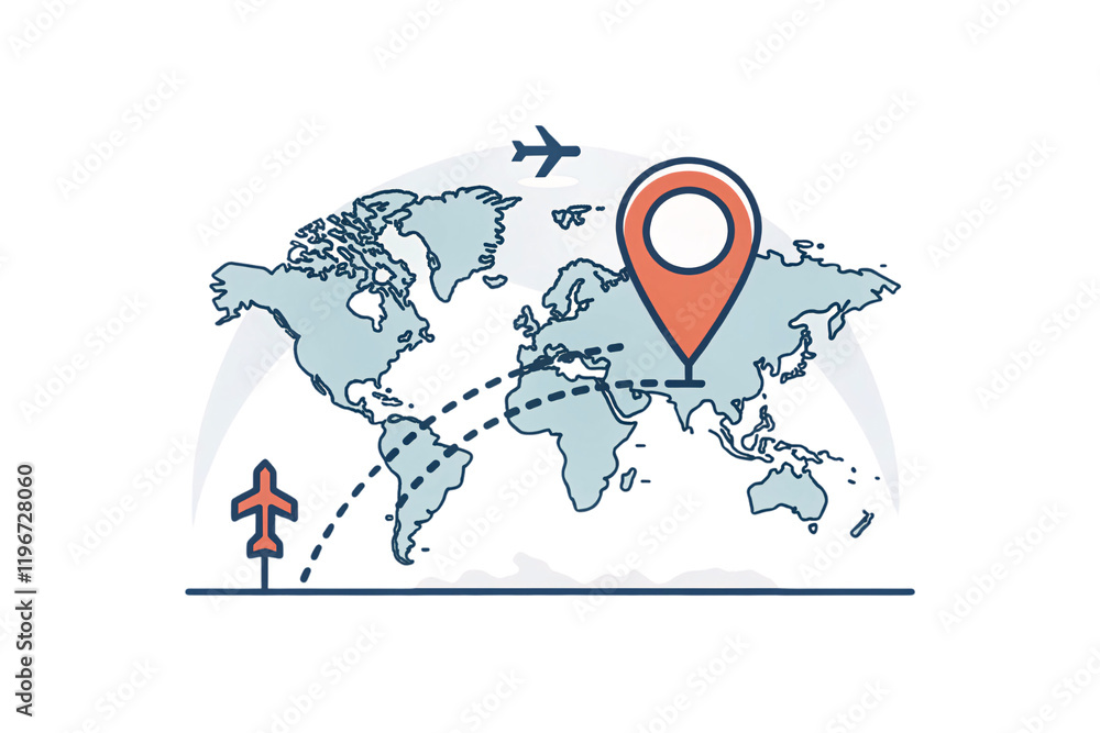 Poster a globe-shaped world map with a red location marker, dashed travel lines, and airplane icons, emphas