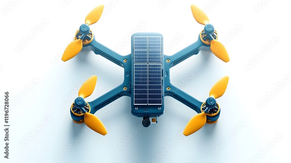 Poster advanced solar powered drone with renewable tech innovation and dynamic angles against white
