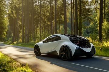 Fototapeta premium White electric car driving through a forest on a winding road, enjoying a sustainable and scenic journey