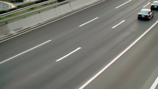 drone view of two speeding black cars on a highway, creating a motion blur effect, with a roadside speed camera capturing their competition. The scene symbolizes speed, competition, and road safety