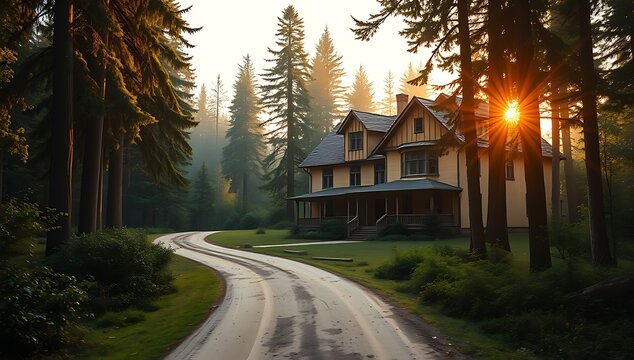 Sunrise illuminates a grand house nestled in a misty forest.