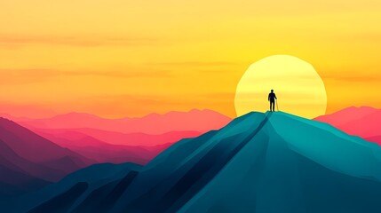 Lone Hiker Reaching the Glowing Mountain Summit at Sunset