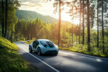 Fototapeta premium Futuristic self-driving electric vehicle navigating a winding road through a lush green forest, bathed in the warm glow of the setting sun