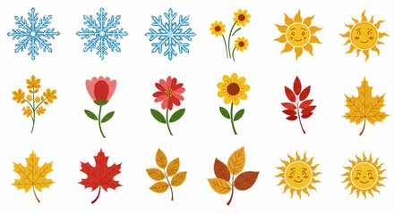 "A vector illustration of diverse seasonal icons, such as snowflakes, flowers, leaves, and sun shapes, each with intricate details and a modern flat design aesthetic."