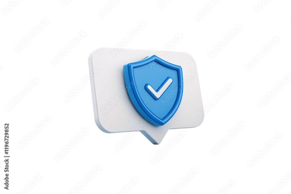 Poster a speech bubble with a blue shield and white checkmark, combining elements of communication and secu