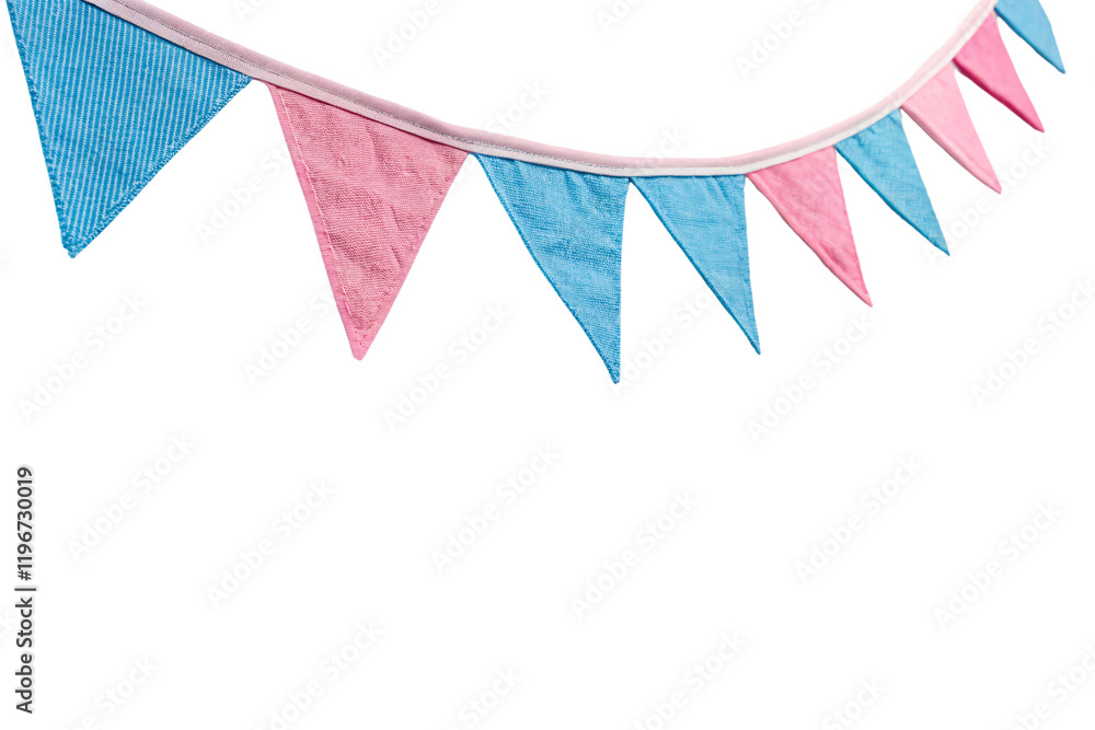 Poster a string of alternating pink and blue pennant flags made of textured fabric, adding playful charm to