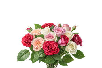 Fototapeta premium A stunning arrangement of red, pink, peach, and white roses, paired with glossy green leaves, evoking a harmonious blend of elegance and romance, isolated on a transparent background