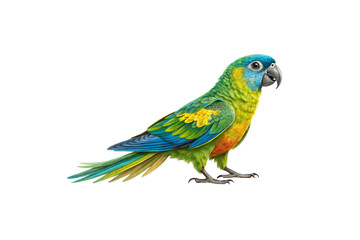 Obraz premium A vibrant green and yellow parrot with blue accents and a black beak, standing on a branch, showcasing its detailed feathers, isolated on a transparent background
