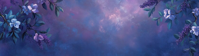 Obraz premium Elegant purple flowers painting on canvas, vibrant blossoms in artful hues against serene blue background