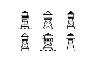 "Set of Lifeguard Tower Silhouette Vector Illustration - Black Safeguard Tower on White Background"

