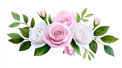 Naklejka premium Beautifully Arranged Bouquet of Pink and White Roses With Lush Green Leaves for Decoration