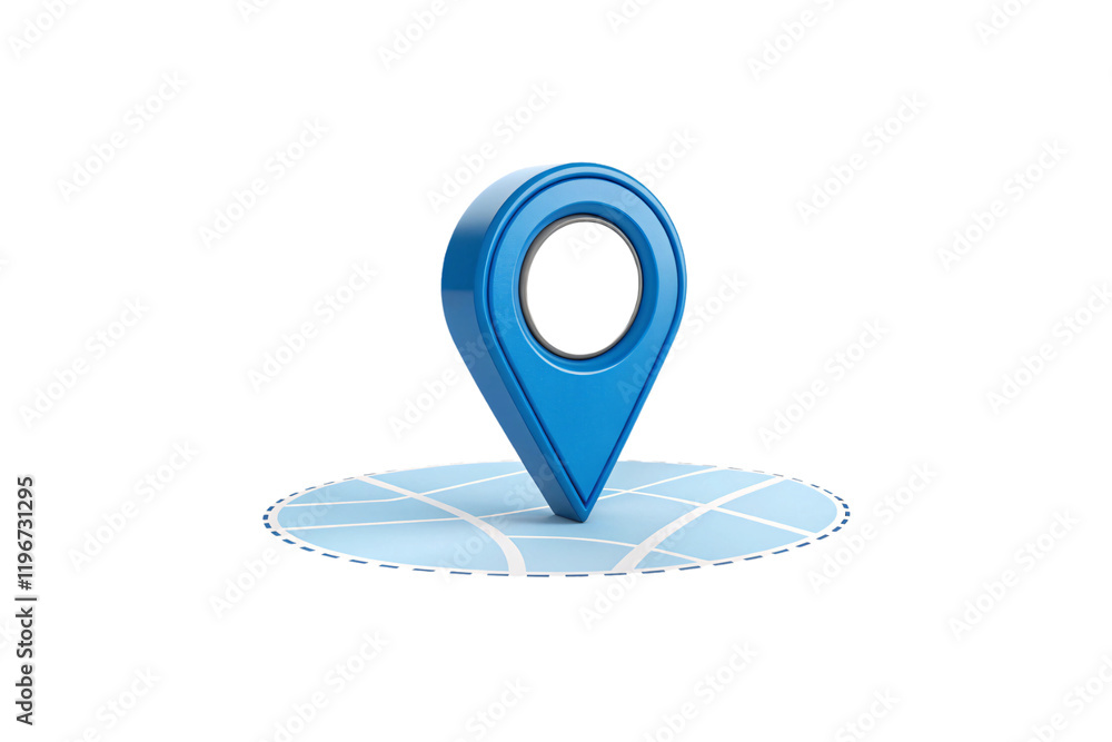 Poster blue 3d map pin resting on a circular grid map, symbolizing precise geolocation and navigation in a 