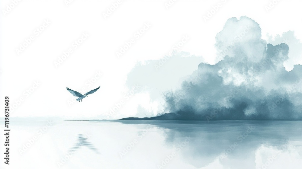 Fototapete serene landscape with soaring bird over tranquil waters and soft clouds at dawn. generative ai