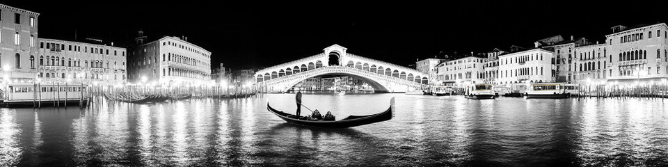 Venice's Rialto Bridge illuminated over the Grand Canal at night