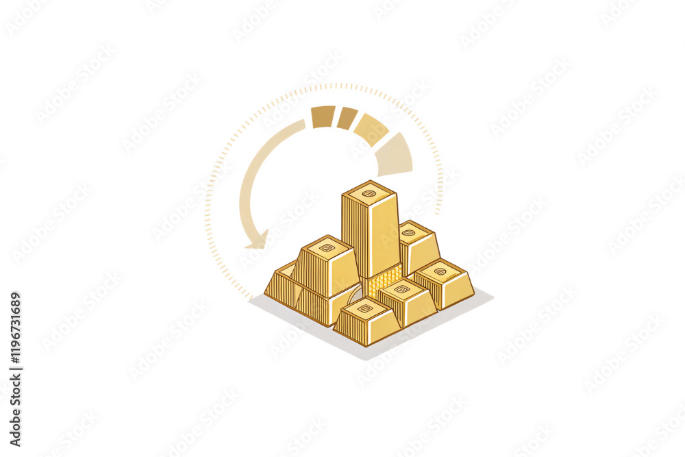 Poster gold bars stacked in various sizes with a circular arrow symbolize financial cycles, emphasizing sta