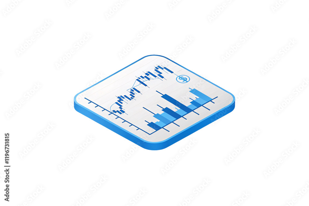 Poster isometric stock chart in blue tones featuring candlestick graphs and bar charts, portraying dynamic 