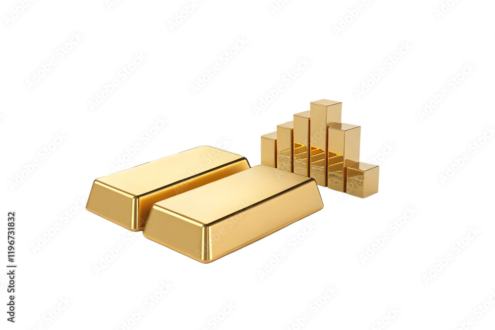 Poster multiple gold bars, neatly arranged in different sizes, showcasing wealth and value, with a focus on