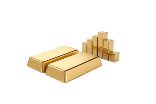 Multiple gold bars, neatly arranged in different sizes, showcasing wealth and value, with a focus on financial abundance and opulence, isolated on a transparent background