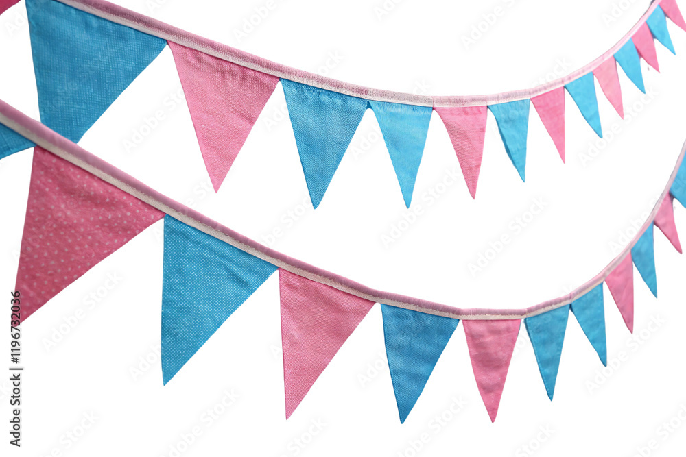 Aufkleber pink and blue triangular fabric bunting arranged in neat rows, creating a festive and cheerful decor