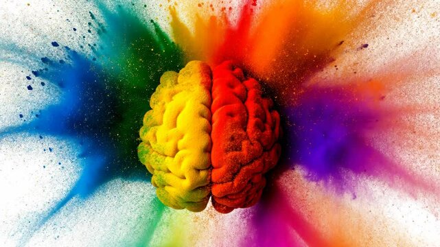 Colorful brain with a rainbow explosion surrounding it. The brain is split in half, with the left half being yellow and the right half being red. The explosion of colors creates a sense of energy