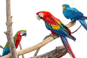 Obraz premium Three colorful macaws on branches. Dominant hues of red, yellow, blue, and green with unique postures. Black backdrop emphasizes their vibrant plumage, isolated on a transparent background