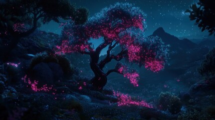 Fototapeta premium Glowing pink tree at night in a fantasy landscape.