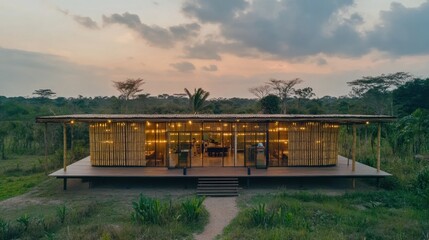 Modern bamboo house at sunset.