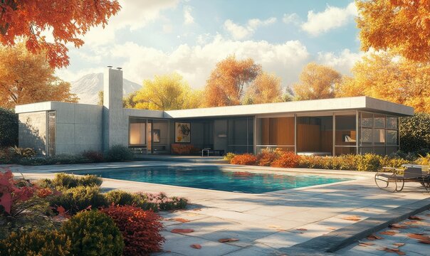 A contemporary concrete house, rendered in 3D, offers a single-story layout with a pool and parking, ready for sale or rent
