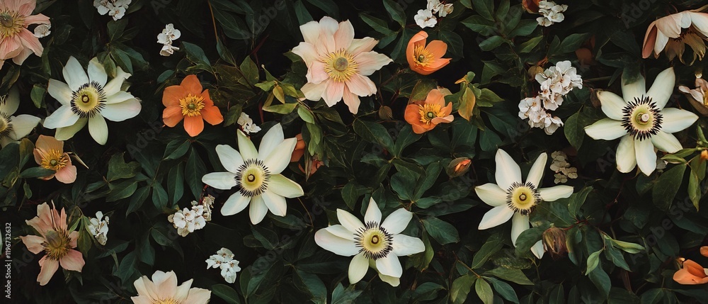 Poster intricate pattern of passionflowers and tendrils creating an exotic floral display