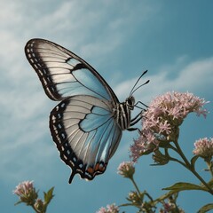 A butterfly with pastel sky blue and silver highlights.