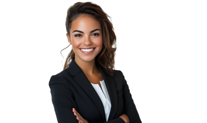 Portrait of a smiling businesswoman, a professional and confident woman in suit, isolated on transparent background