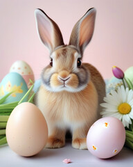 Cute bunny with easter eggs and flowers, Design for easter day.