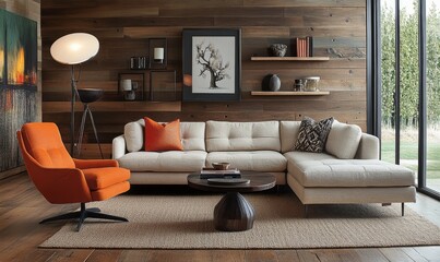 A modern living space with a beige sectional sofa, an orange armchair, wooden wall paneling, floating shelves, and floor lamps.
