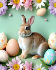 Obraz premium Cute bunny with easter eggs and flowers, Design for easter day.