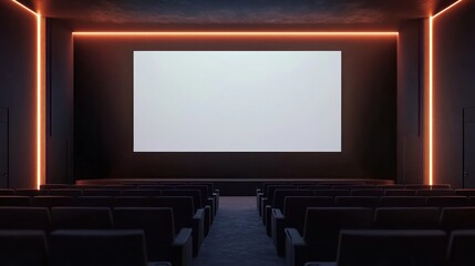 Empty modern movie theater with blank screen and orange lighting.
