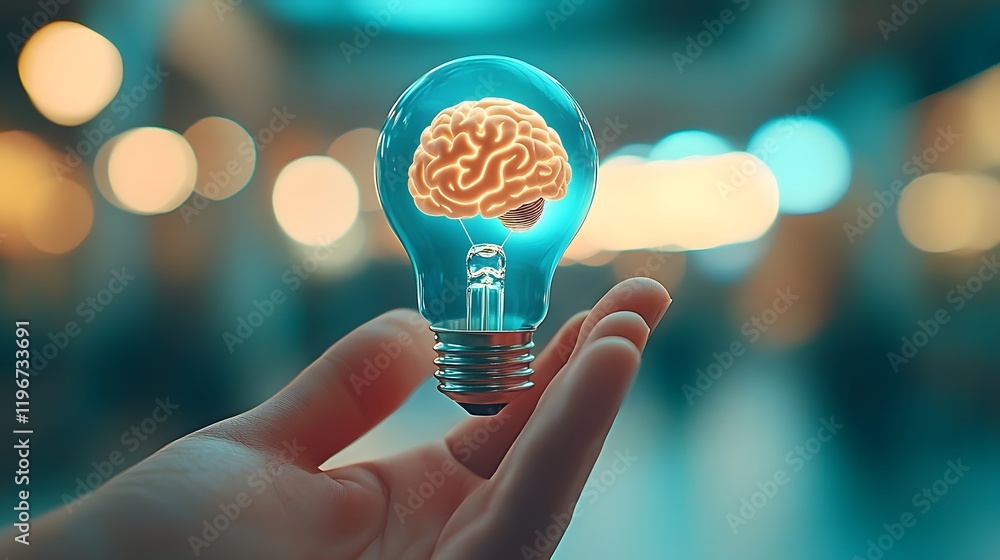 Poster glowing holographic brain bulb floating above open hand in futuristic minimalist design